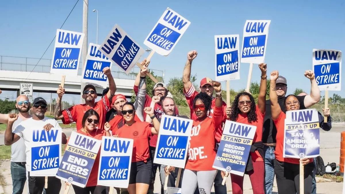 UAW members on a picket line holding On Strike signs