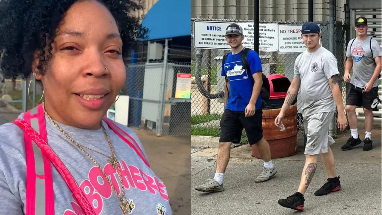 Two photos side by side: a smiling young Ford worker with curly hair and hoop earrings, in a gray T-shirt with pink straps, stands outside the Kentucky Truck Plant gate under a blue awning, and three workers in T-shirts and shorts walk out past a chain-link fence and a “Notice” sign.