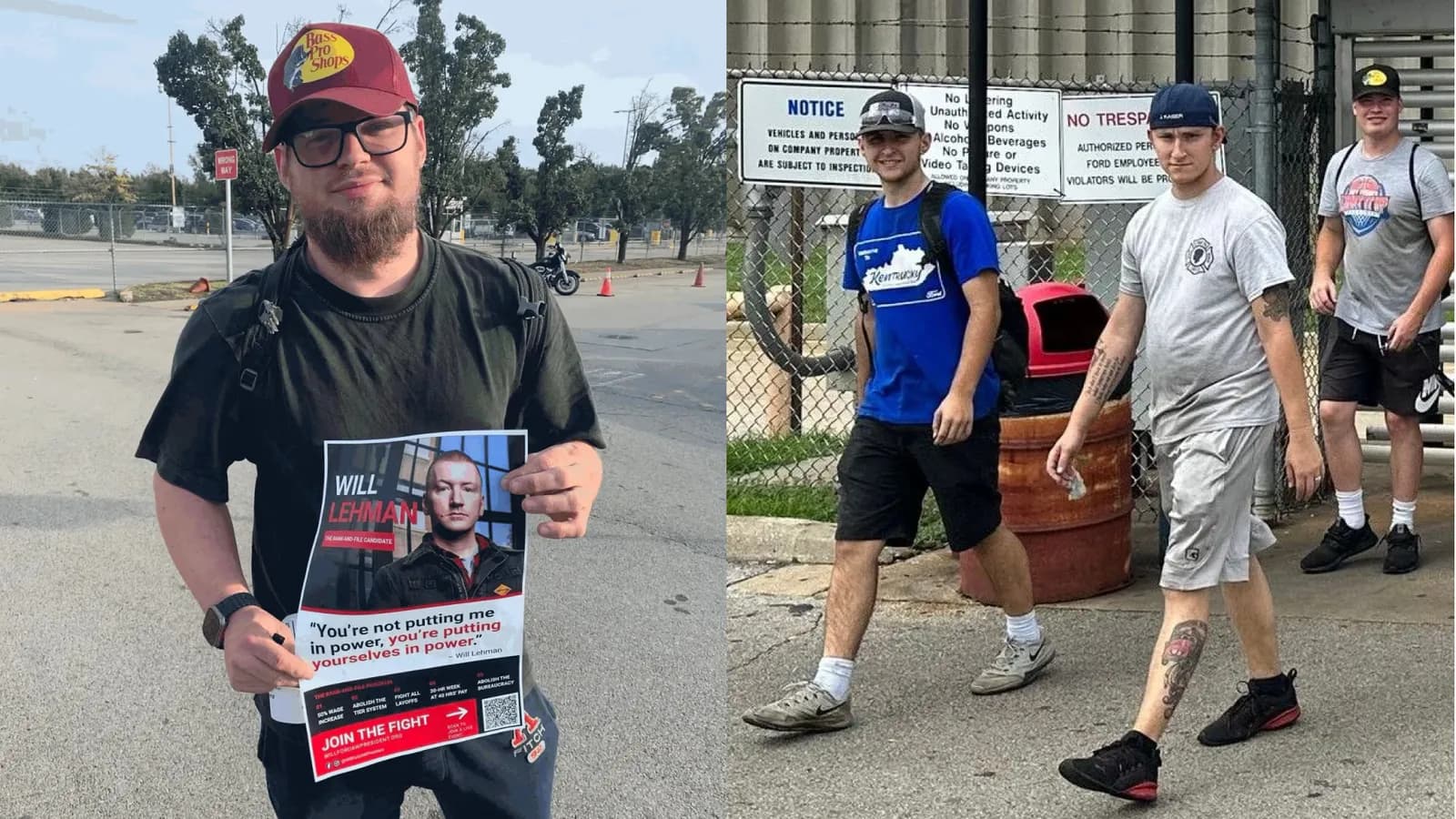 Two photos side by side: a young Ford worker in a red Bass Pro Shops cap and glasses holds a Will Lehman campaign flyer in the plant parking lot, and three workers in T-shirts and shorts walk out past a chain-link fence and a “Notice” sign at the Kentucky Truck Plant gate.