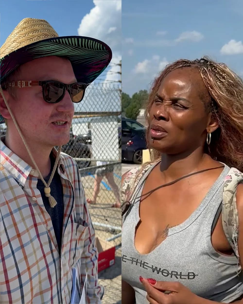 Will Lehman, wearing a straw hat and sunglasses, talking with a Toledo Jeep worker with long braided hair, outside the Stellantis Toledo Assembly Complex.